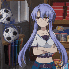 a girl with purple hair stands with her arms crossed