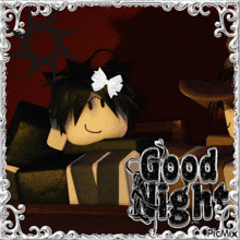 a picture of a girl laying on a bed with the words good night on it