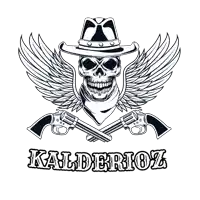 a black and white drawing of a skull wearing a cowboy hat with wings and two crossed revolvers