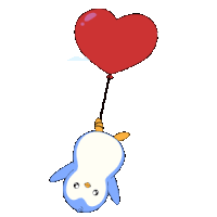 a penguin is holding a red heart shaped balloon on a string