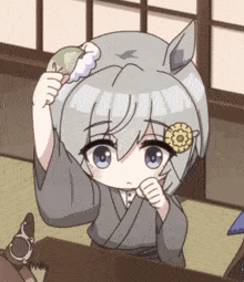 a cartoon of a girl with white hair and blue eyes