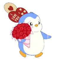 a penguin holding a bouquet of red roses and a heart shaped balloon that says i love you