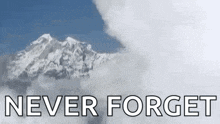 a picture of a snowy mountain with the words never forget below it .