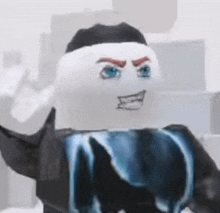 a close up of a roblox character with blue eyes and a black hat .