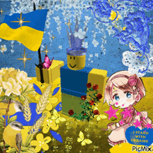 a picture of a girl holding flowers and a blue sign that says i stand with ukraine