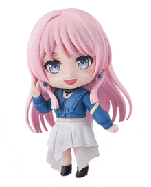 a doll with pink hair and blue eyes is wearing a blue jacket and white skirt