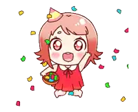 a little girl wearing a party hat is holding a basket full of candy