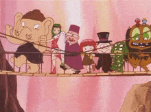 a group of cartoon characters are crossing a bridge together
