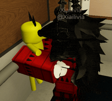a yellow cartoon character is sitting on a red box next to a black cartoon character with the username @xialivia