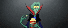 a cartoon character is holding a popcorn box