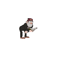 a pixel art of a man in a suit and hat reading a book .