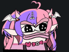 a cartoon drawing of a girl with pink and purple hair and horns