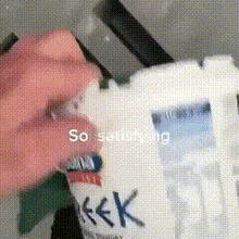 a close up of a person 's face with the words so satisfying written on it .