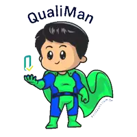 a cartoon of a boy in a green and blue superhero costume with the name qualiman written above him