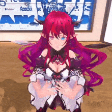 a 3d anime girl with red hair and blue eyes is kneeling down in front of a wall .