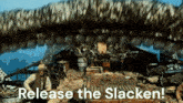 a man sitting on the deck of a ship with the words release the slacken on the bottom