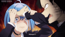 a man is holding a girl 's head and says himari !!