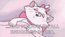 marie from the aristocats is laying on a bed with her eyes closed and a pink bow on her head .