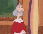 a cartoon character is standing in front of a mirror and making a funny face .