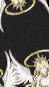 a blurred image of a person with wings and the letter m on the bottom