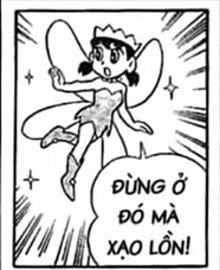 a black and white drawing of a girl dressed as a fairy with a speech bubble .