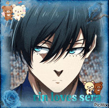 a picture of a boy with the words " rin loves sera " on the bottom