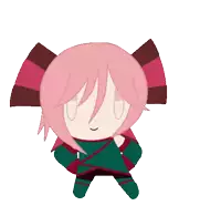 a cartoon drawing of a girl with pink hair and red ribbons on her ears