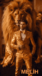a man in a gold suit is standing next to a lion with the name melih written on the bottom