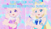 a colorful animated poster with the words us on our way to himitsu no aiprini sunday