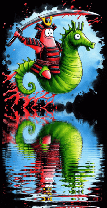 a cartoon of patrick wearing a samurai costume is riding a green seahorse