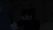 a minecraft character is standing in the dark in a room .