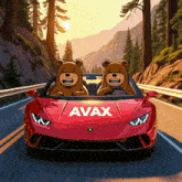 two teddy bears are driving a red car with avax on the front
