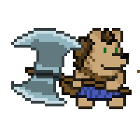 a pixel art illustration of a lion holding a large axe