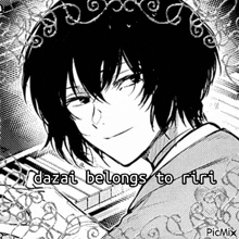 a black and white drawing of a boy with the words dazai belongs to riri