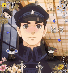 a cartoon of a man with a hat and the words hi 3