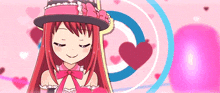 a girl with long red hair wearing a hat and a pink bow