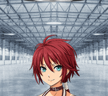 a girl with red hair and blue eyes is standing in an empty building