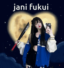 a girl in a blue jacket is holding a bat and taking a selfie with the name jani fukui above her