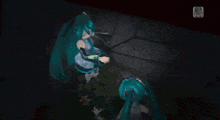 hatsune miku is standing in front of a large fish that is swimming in the water