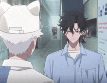 a man wearing a cat ear hat is talking to another man