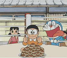 a cartoon of doraemon and nobita eating a cake