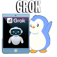 a penguin is standing next to a cell phone that says grok