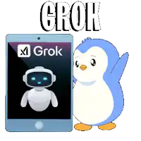 a penguin is standing next to a cell phone that says grok
