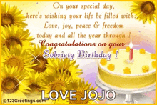 on your special day , here 's wishing your life be filled with love , joy , peace & freedom
