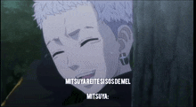 a cartoon of a boy with a tattoo on his ear and the words mitsuwa written below him