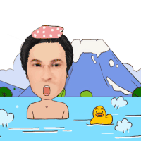 a cartoon of a man taking a bath with a rubber duck in the water