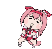 a cartoon drawing of a girl with pink hair playing a flute