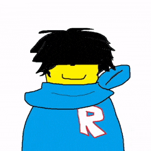 a drawing of a person with a blue shirt and yellow arms .