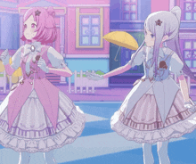 two anime girls standing next to each other holding hands