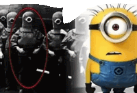 a group of minions wearing gas masks next to a picture of a minion with one eye